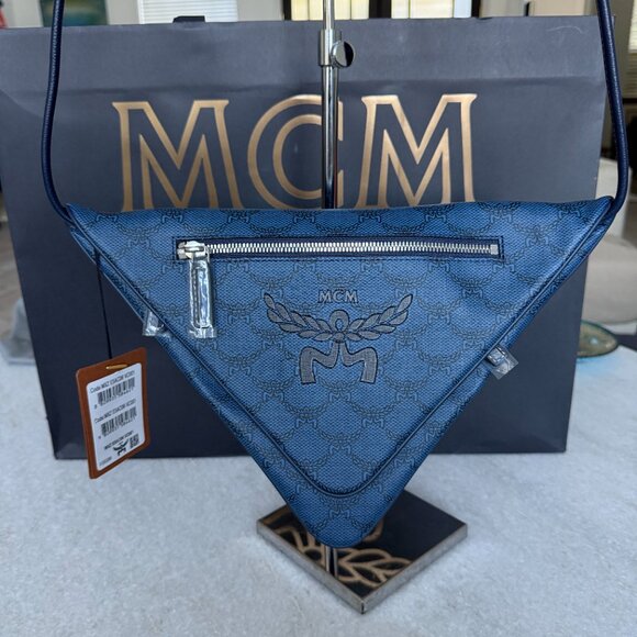 MCM Blue Canvas and leather Triangle Shoulder Bag - Picture 3 of 14